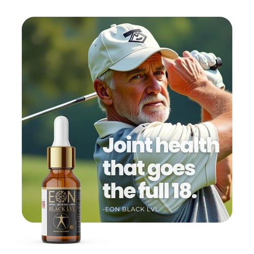 EON C60 Black Level bottle with golfer, text joint health that goes the full 18.