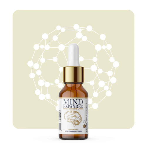 Mind Expander dropper bottle with molecular graphic background