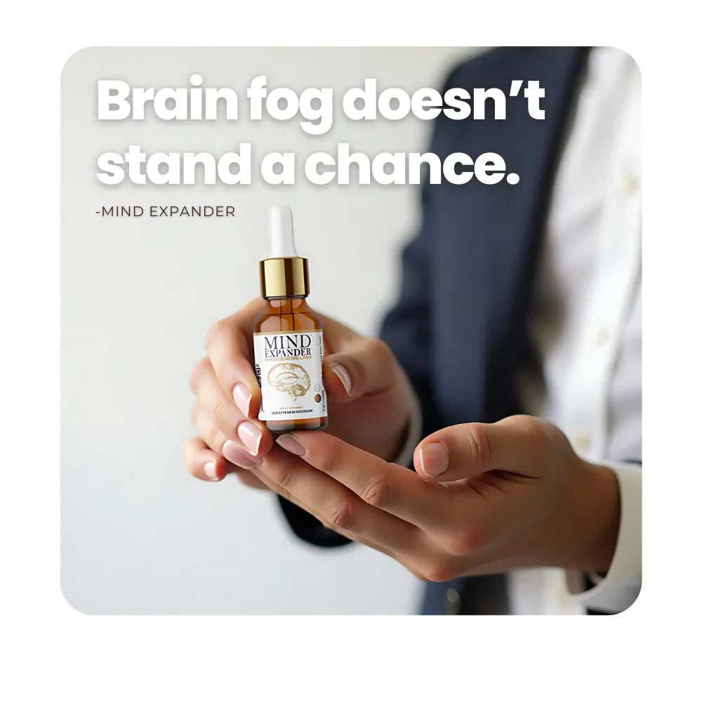 Hand holding Mind Expander bottle with brain fog text