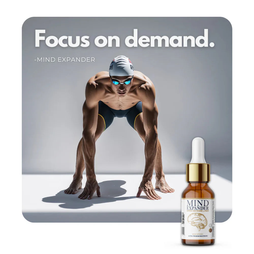 Athlete ready to sprint with Mind Expander and focus text