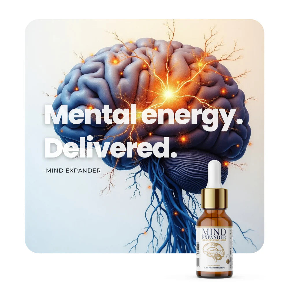 Brain illustration glowing with Mind Expander and energy text
