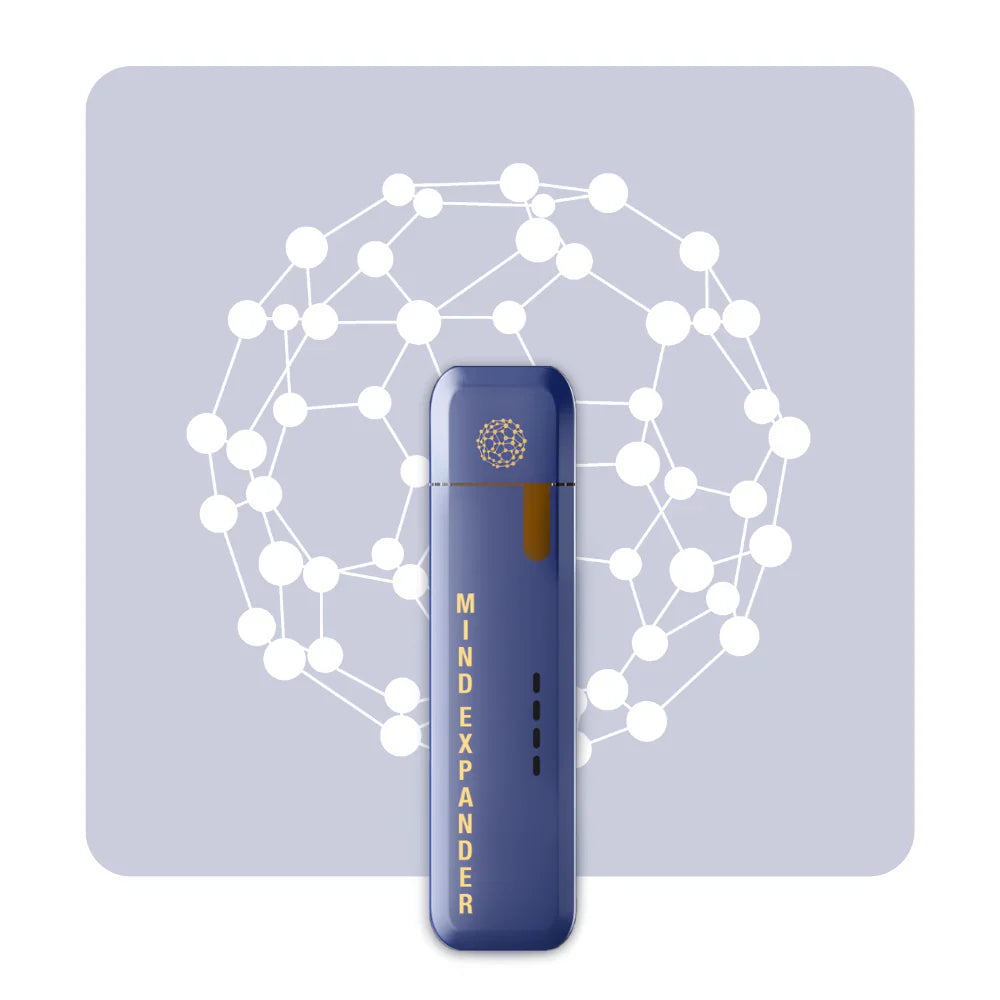 Front view of Mind Expander inhaler with graphic background