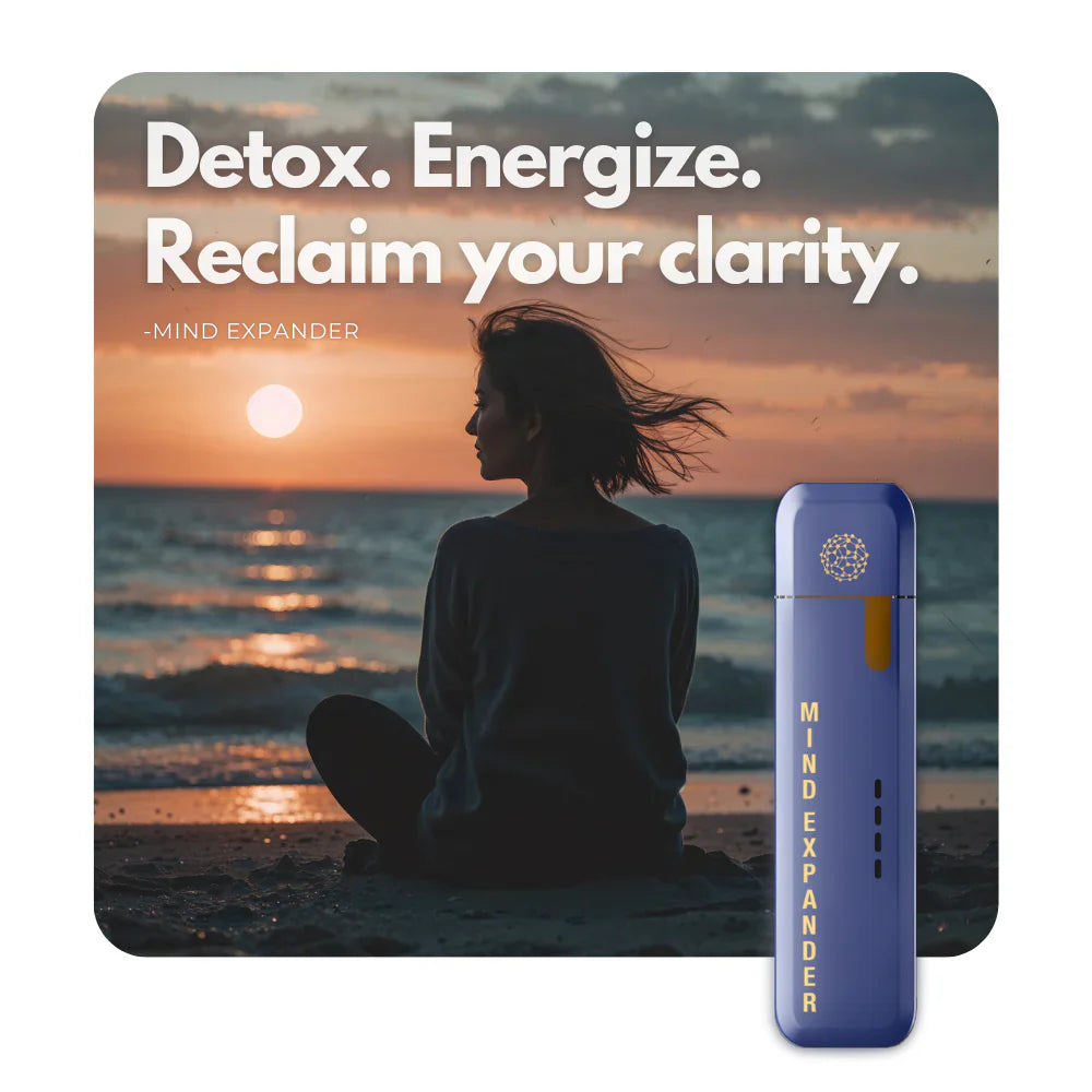 Mind Expander inhaler with woman meditating at sunset