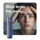 Mind Expander inhaler with woman holding head, text blow brain fog away