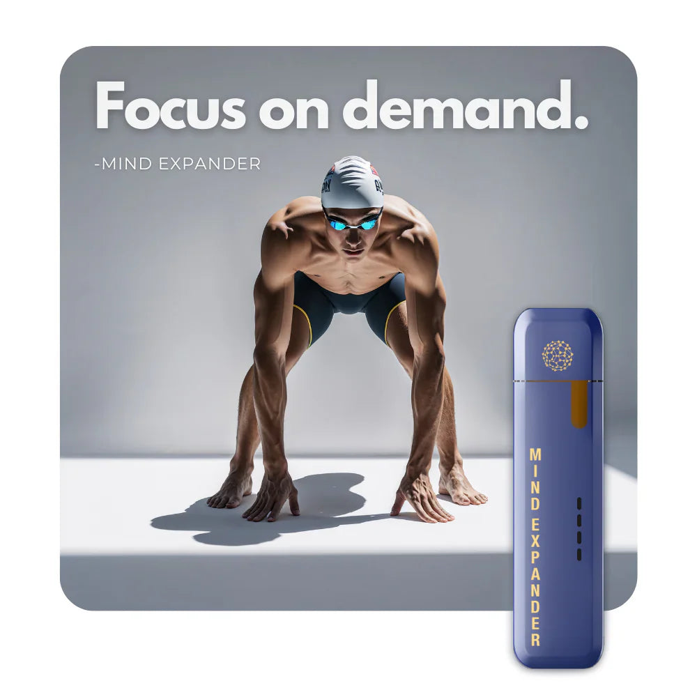 Mind Expander inhaler with swimmer ready to race, text focus on demand