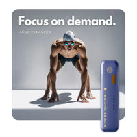 Mind Expander inhaler with swimmer ready to race, text focus on demand