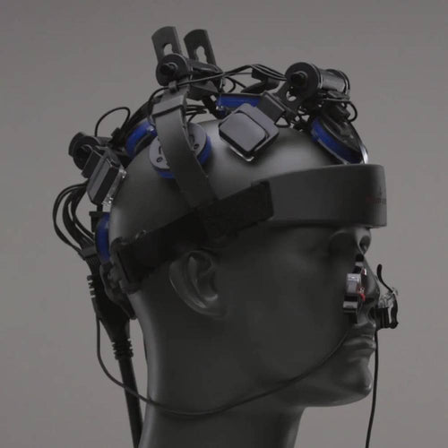 Profile view of the Neuro Pro 2 showing the transcranial LED modules and the intranasal gateway applicator for full-brain light therapy.