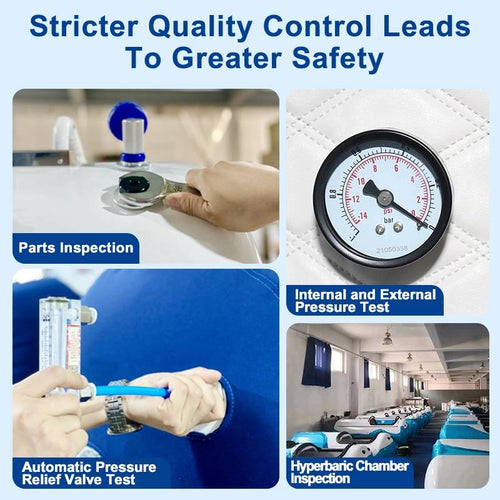 Oxyair Hyperbaric Chamber quality control checks, including pressure tests and part inspections