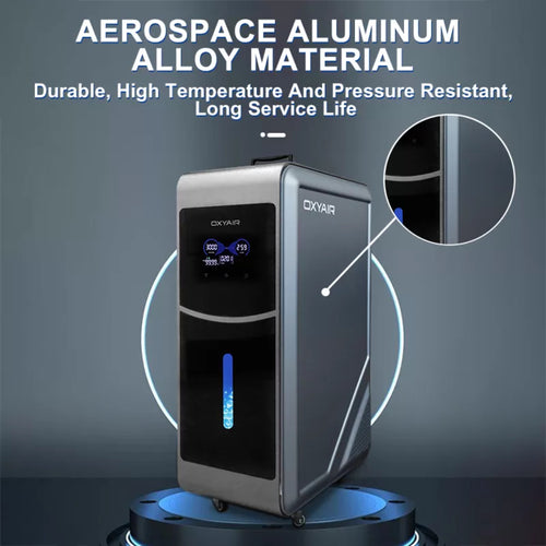A close-up view of the Oxyair machine's exterior, highlighting its durable aerospace aluminum alloy material designed for high temperature and pressure resistance.