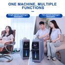 A split-screen image showing a single woman using the Oxyair machine on the left, and a man and woman sharing the machine for dual hydrogen absorption on the right.