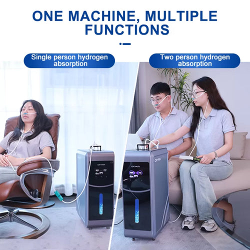 A split-screen image showing a single woman using the Oxyair machine on the left, and a man and woman sharing the machine for dual hydrogen absorption on the right.