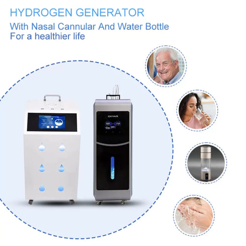 Infographic showing two Oxyair hydrogen generator models (white and gray) alongside icons for facial washing, drinking hydrogen water, and nasal inhalation for a healthier lifestyle.