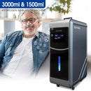 A middle-aged man wearing a nasal cannula connected to a gray Oxyair Hydrogen Inhalation Machine. The image highlights the 3000ml and 1500ml capacity options with floating H2 and O2 icons.