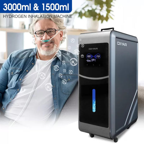A middle-aged man wearing a nasal cannula connected to a gray Oxyair Hydrogen Inhalation Machine. The image highlights the 3000ml and 1500ml capacity options with floating H2 and O2 icons.