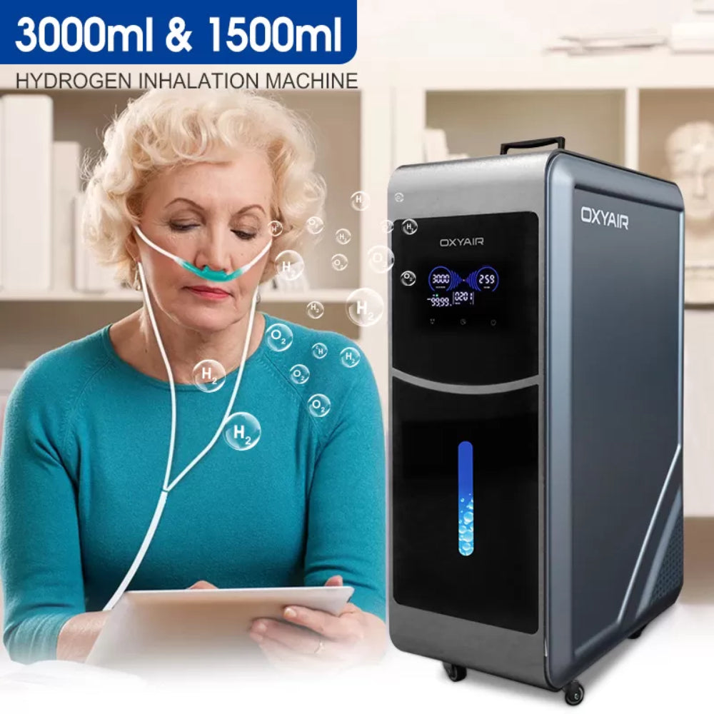 An elderly woman using a nasal cannula connected to a gray Oxyair Hydrogen Inhalation Machine while using a tablet. Text highlights 3000ml and 1500ml flow rate options.