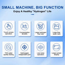 An infographic titled "Small Machine, Big Function" showing eight icons for features like 99.99% concentration, low noise operation, large flow water tank, and TDS testing.