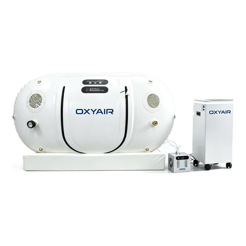Oxyair RZT02 soft hyperbaric chamber on its sponge base with 2-in-1 oxygen concentrator and air cooler