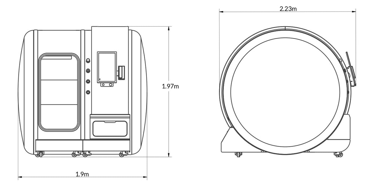 Oxyair YZM02 chamber dimensions diagram, 2.23 m long by 1.97 m high by 1.9 m wide