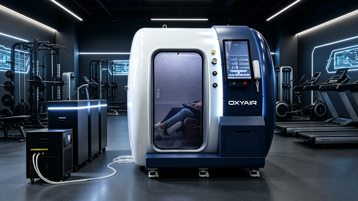 Oxyair YZM02 hyperbaric chamber shown in a fitness and recovery studio with its support equipment
