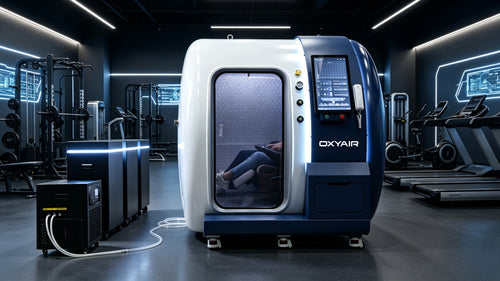 Oxyair YZM02 hyperbaric chamber shown in a fitness and recovery studio with its support equipment