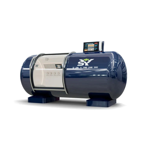 Angled view of the navy blue YCDY-G01D oxygen chamber highlighting the sleek cylindrical design, stabilized base, and internal multi-sensor monitoring display.