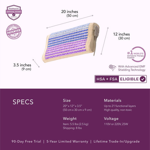 Product specs for the Rainbow Chakra Heated Pillow, including dimensions