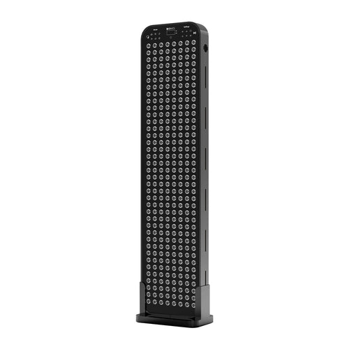 Tall black red light therapy panel with multiple LED lights