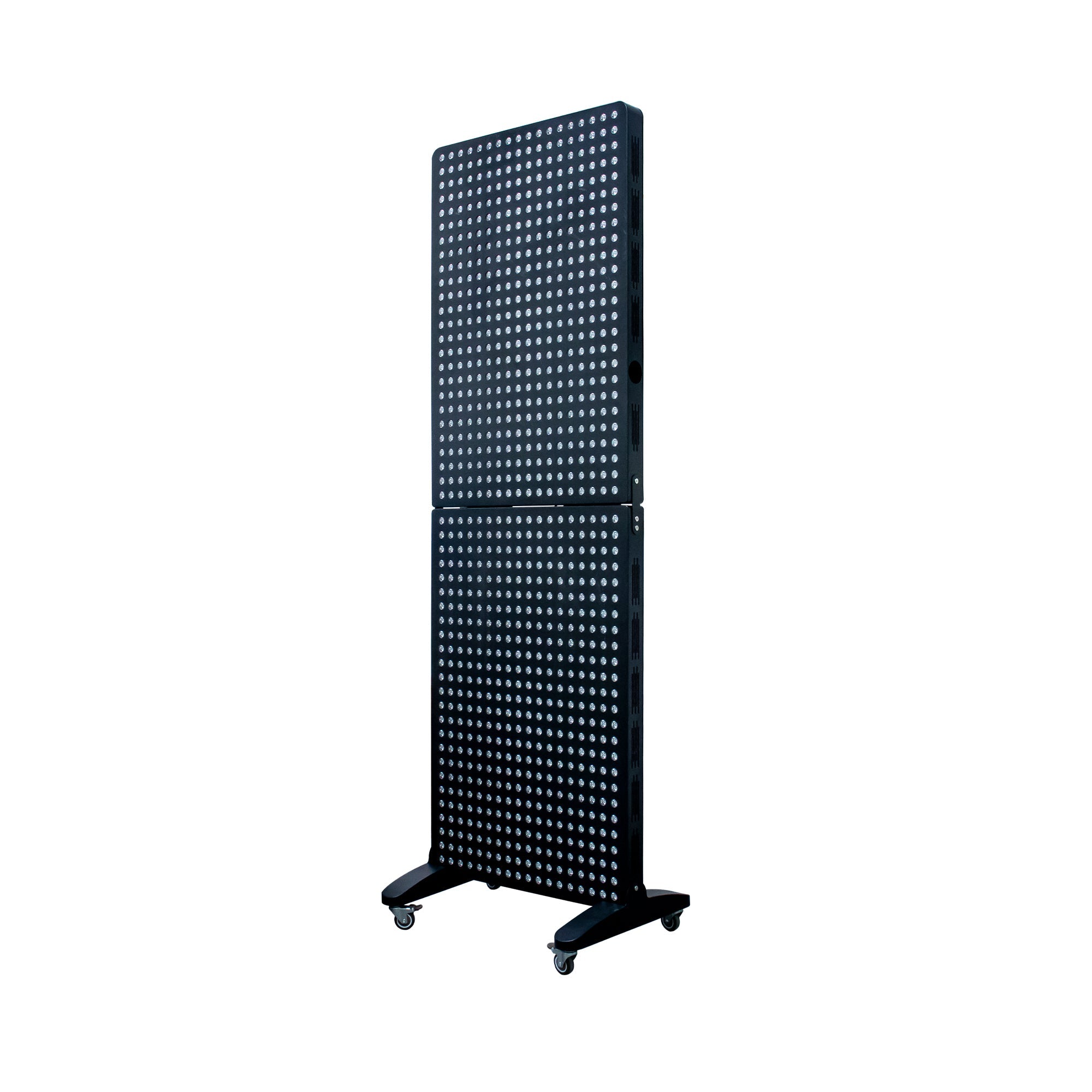 Tall black light therapy panel on a wheeled stand.