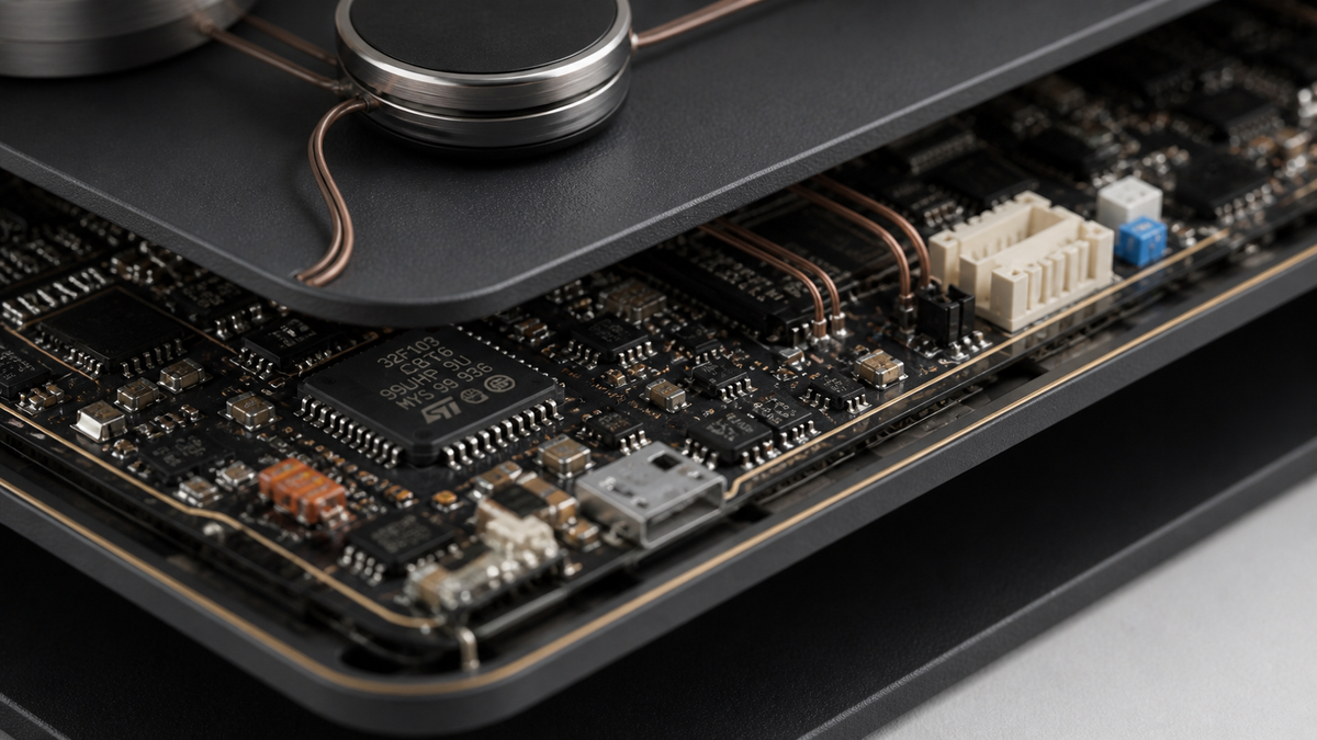 Close-up of the electronics in The Kim Mat