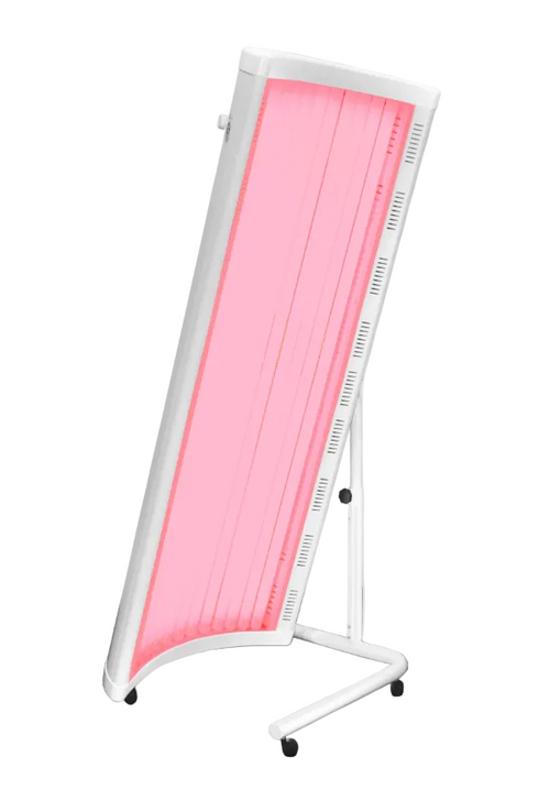 Pink standing device with a white frame on a light gray background