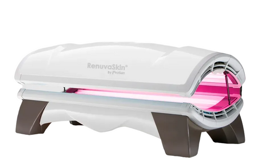 RenuvaSkin device with pink and red light on a white background