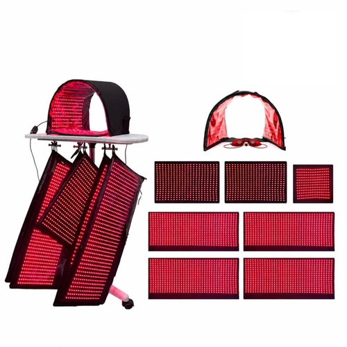 Full Body Red Light Therapy System with flexible LED pads, face dome, chin pad, and rolling storage stand