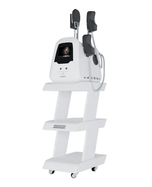 White medical device on a stand with a screen and controls on a white background