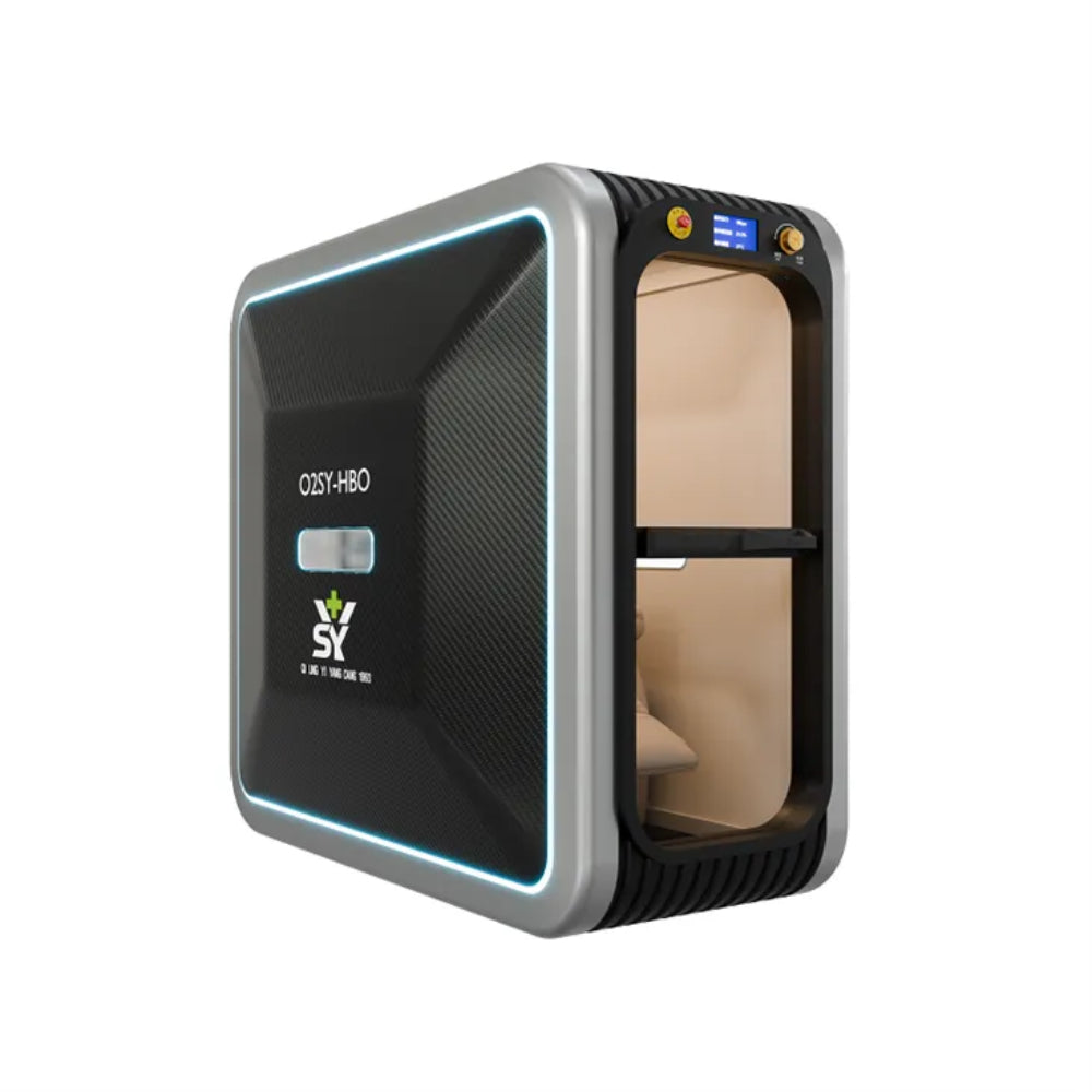 Side perspective of the SY carbon fiber oxygen chamber showing the branding and the glowing LED light strip against a dark textured finish.