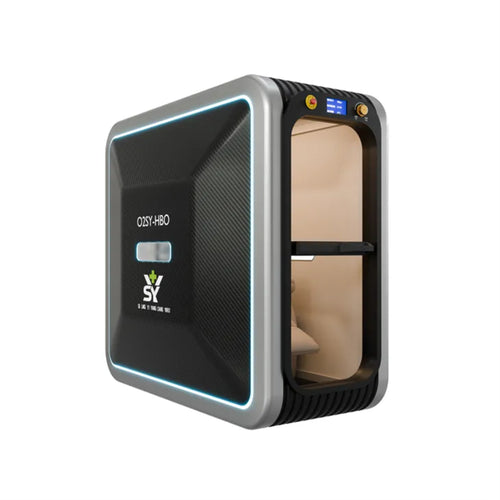 Side perspective of the SY carbon fiber oxygen chamber showing the branding and the glowing LED light strip against a dark textured finish.