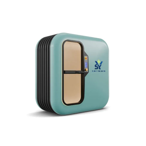 Side perspective of a teal SY carbon fiber hyperbaric oxygen chamber featuring a rounded modern design and black ribbed exterior accents.