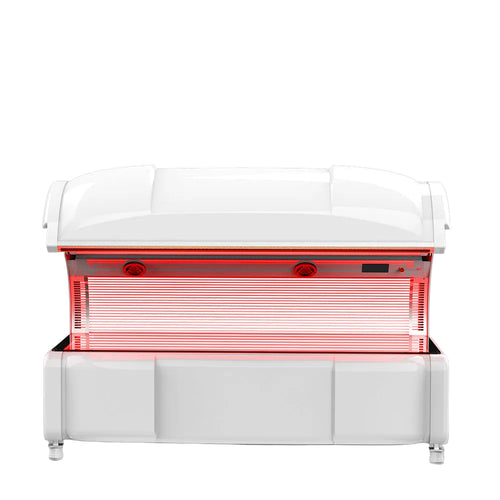 Front view of the TheraLaser red light therapy chamber open, showing the high-density LED panels and internal cooling fans.