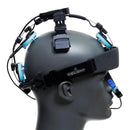 Side profile of a Vielight Neuro Alpha device worn on a gray mannequin head, showing the adjustable headset with blue LED modules and the intranasal applicator positioned in the nose.