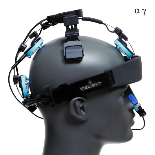 A side-profile view of the Vielight Neuro Duo highlighting the headset placement and intranasal applicator, designed to target brain networks and support the vagus nerve system.