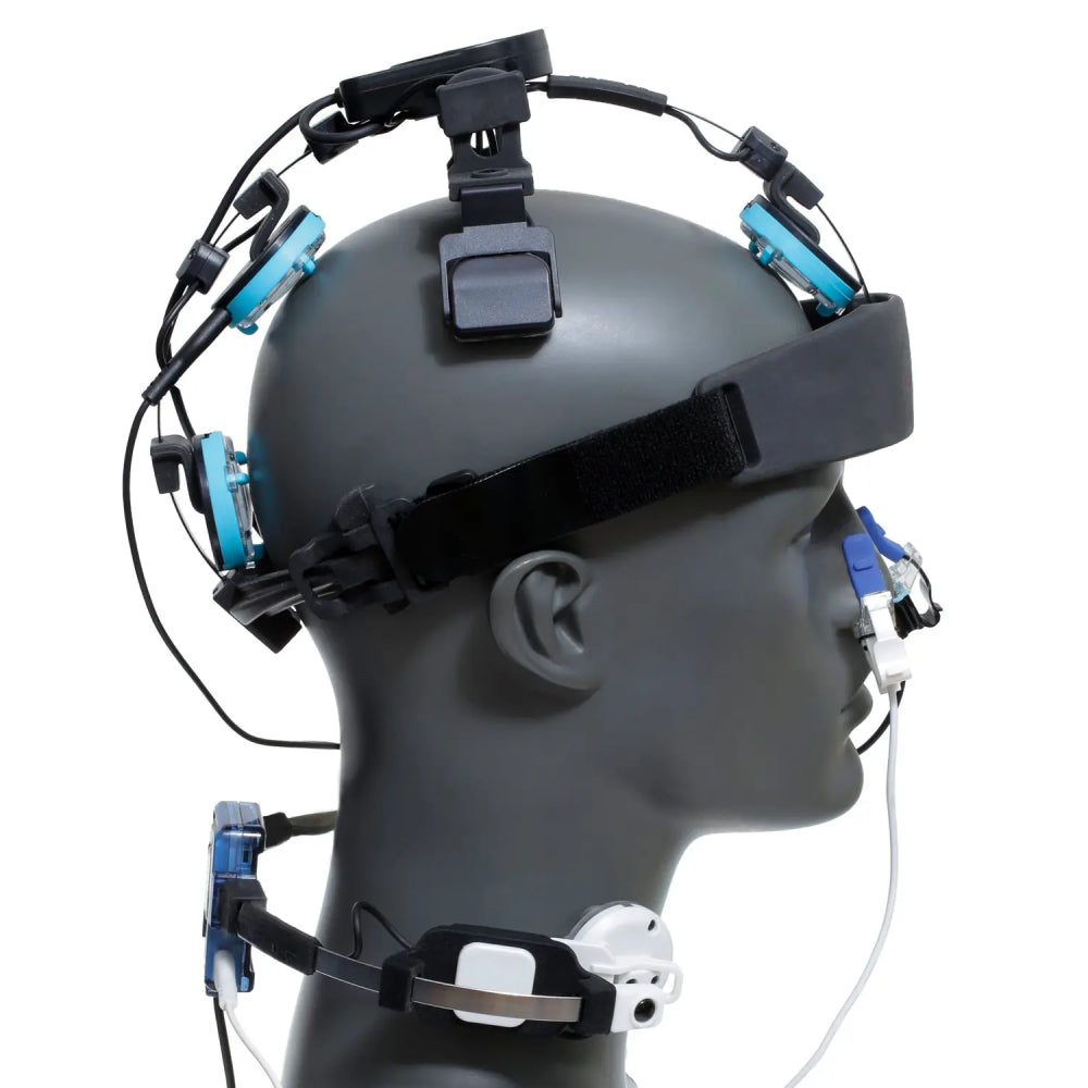 A side-profile view of the Vielight Neuro Duo highlighting the headset placement and intranasal applicator, designed to target brain networks and support the vagus nerve system.