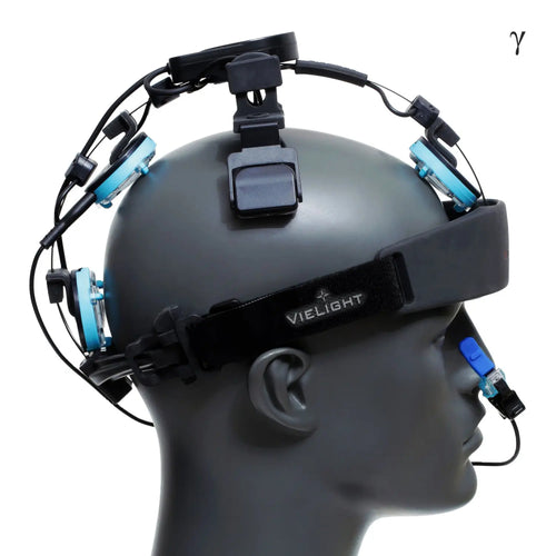 Side view of the Vielight Neuro Gamma headset on a mannequin; this model is specifically engineered to deliver near-infrared light at a 40Hz pulse frequency to target Gamma brain waves.