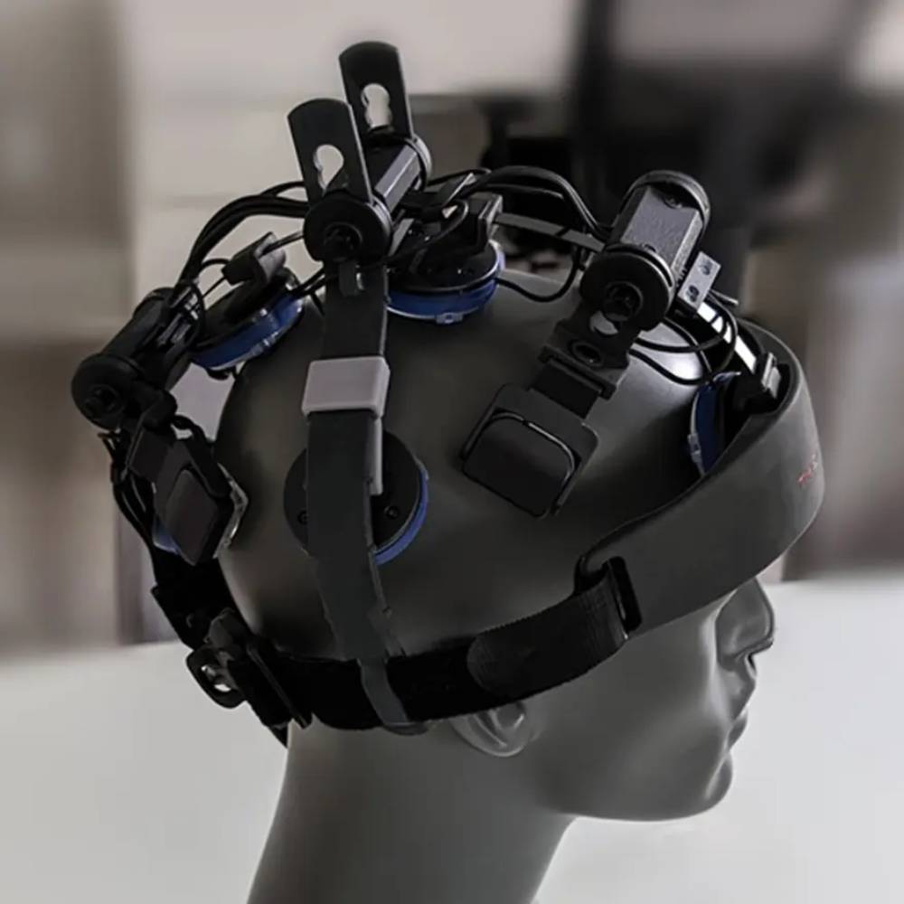 Rear-angled view of the Vielight Neuro Pro 2 black edition on a mannequin, highlighting the adjustable modular LED units and wiring for brain network targeting.