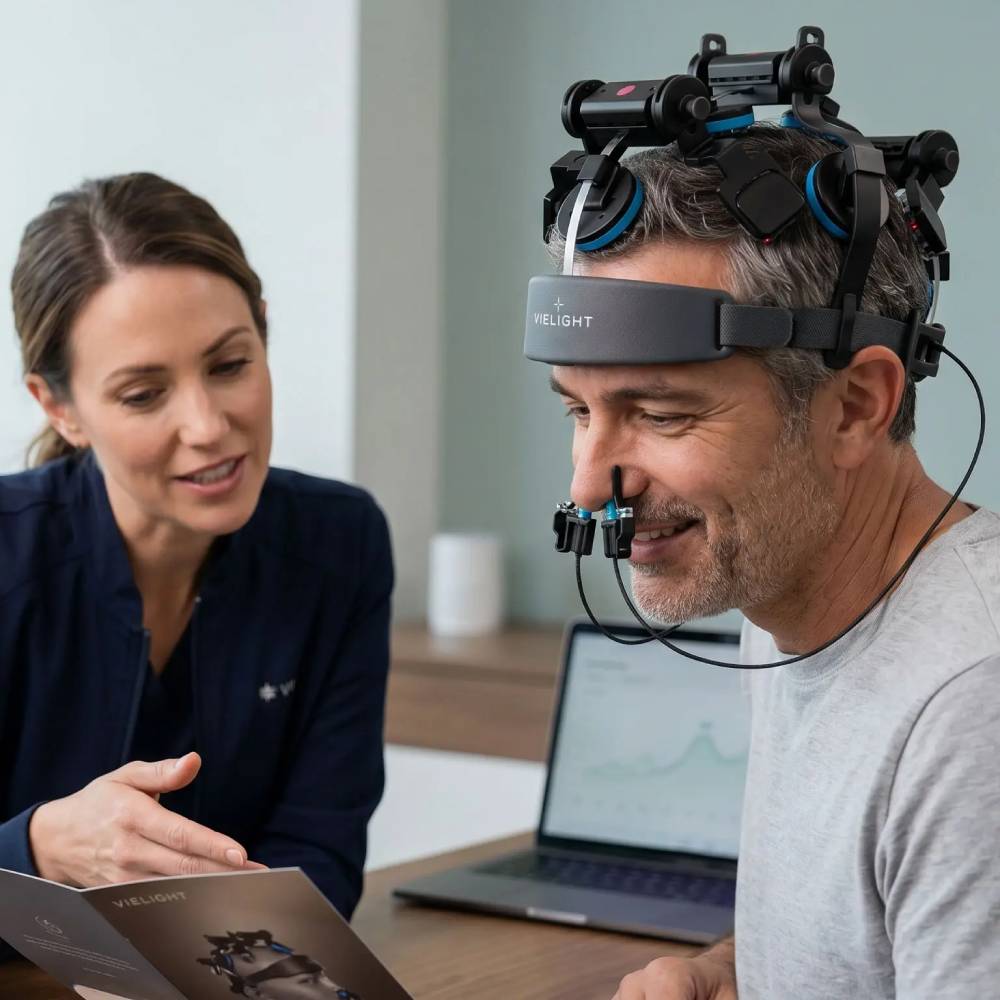 A male patient wearing the Neuro Pro 2 headset during a clinical consultation with a specialist reviewing a product brochure.