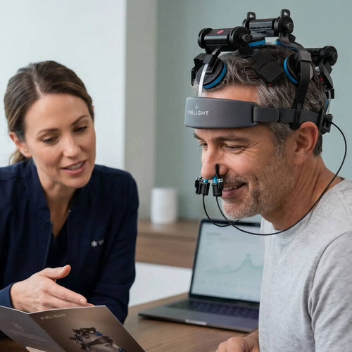 A male patient wearing the Neuro Pro 2 headset during a clinical consultation with a specialist reviewing a product brochure.