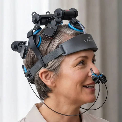 Side profile of a woman wearing the Neuro Pro 2, demonstrating the adjustable fit and the placement of the brain-targeting LED modules.