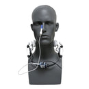 Front-facing view of a grey mannequin bust wearing the Vielight Vagus device to show the symmetrical placement of the neck modules and nasal applicator.