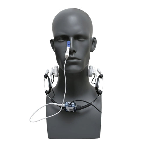 Front-facing view of a grey mannequin bust wearing the Vielight Vagus device to show the symmetrical placement of the neck modules and nasal applicator.