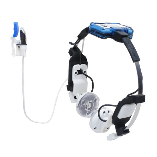 A high-resolution studio shot of the Vielight Vagus PBM device, showing the adjustable neck strap, LED modules, and the white intranasal applicator.