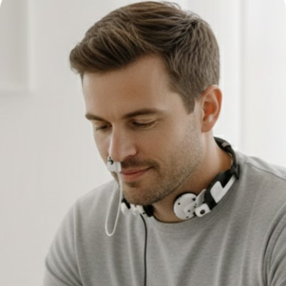 A young man using the Vielight Vagus PBM device for nerve stimulation, showing the device's profile and nasal clip during use.