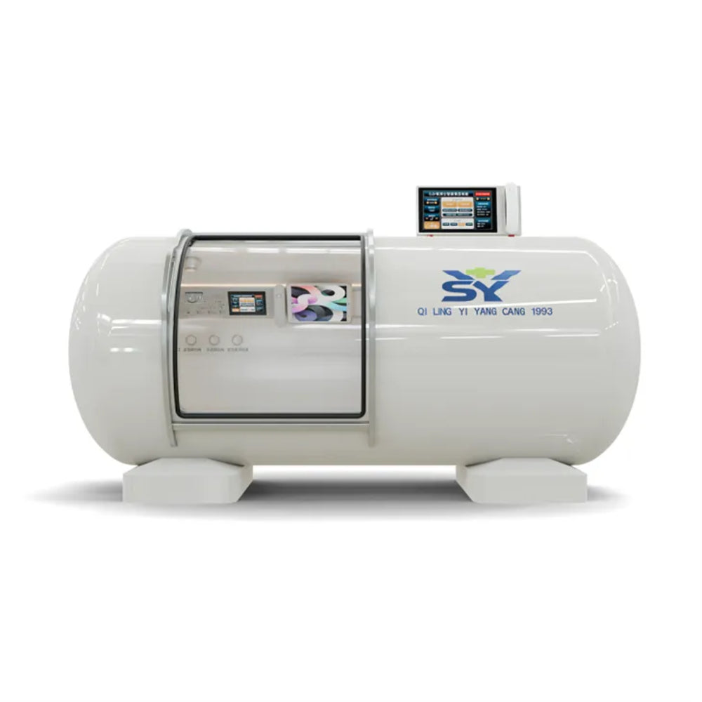 The YCDY-G01D white hard-shell hyperbaric chamber made of high-strength 306 stainless steel, showing the transparent entry hatch and dual control system.